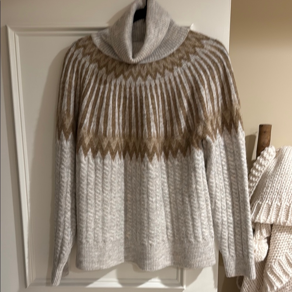 Cozy Knit Turtleneck Sweater - Cream and Brown